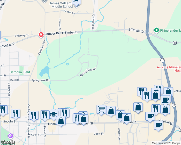 map of restaurants, bars, coffee shops, grocery stores, and more near 431 Spring Lake Road in Rhinelander