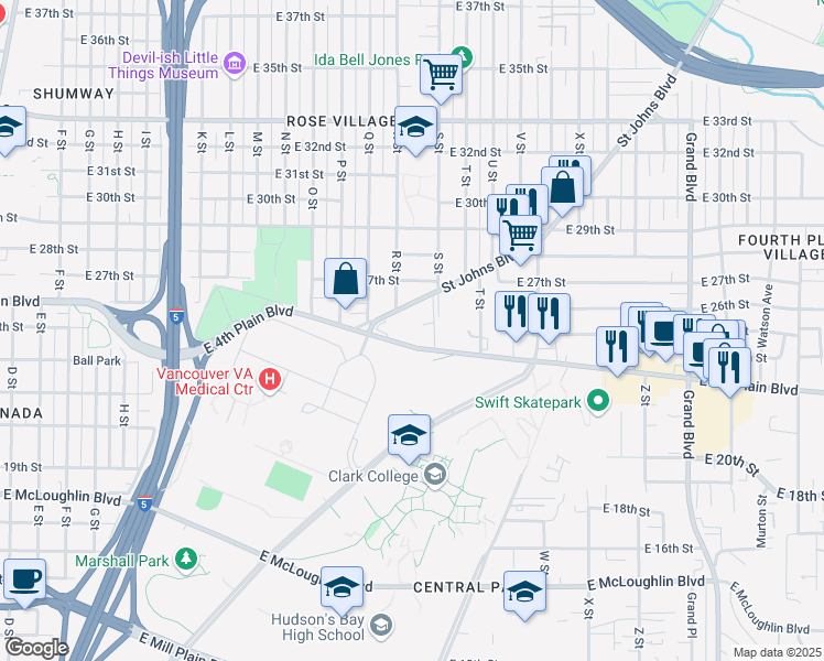 map of restaurants, bars, coffee shops, grocery stores, and more near 1806 East 4th Plain Boulevard in Vancouver