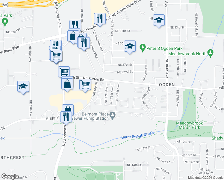 map of restaurants, bars, coffee shops, grocery stores, and more near 2212 Northeast 78th Avenue in Vancouver