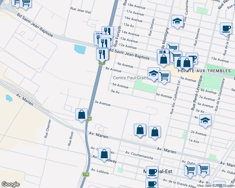 map of restaurants, bars, coffee shops, grocery stores, and more near 1874 5e Avenue in Montréal