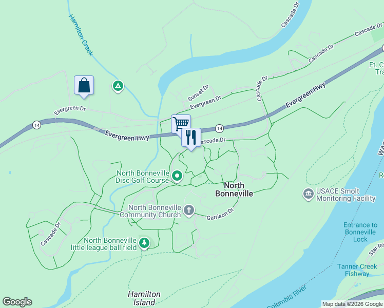 map of restaurants, bars, coffee shops, grocery stores, and more near 102 Cbd Mall Street in North Bonneville