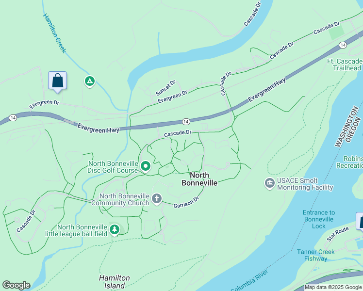 map of restaurants, bars, coffee shops, grocery stores, and more near 713 Chinook in North Bonneville