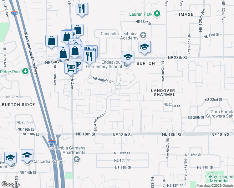 map of restaurants, bars, coffee shops, grocery stores, and more near 11768 Northeast 23rd Street in Vancouver