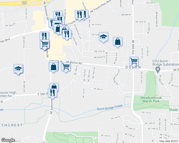 map of restaurants, bars, coffee shops, grocery stores, and more near 2212 Northeast 78th Avenue in Vancouver
