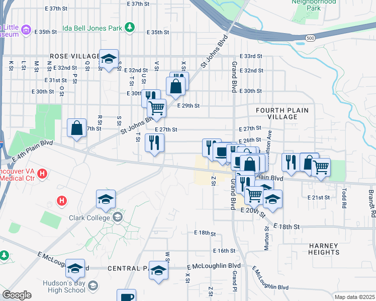 map of restaurants, bars, coffee shops, grocery stores, and more near 2400 East 4th Plain Boulevard in Vancouver