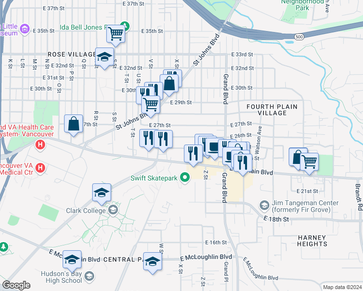 map of restaurants, bars, coffee shops, grocery stores, and more near 2400 East 4th Plain Boulevard in Vancouver