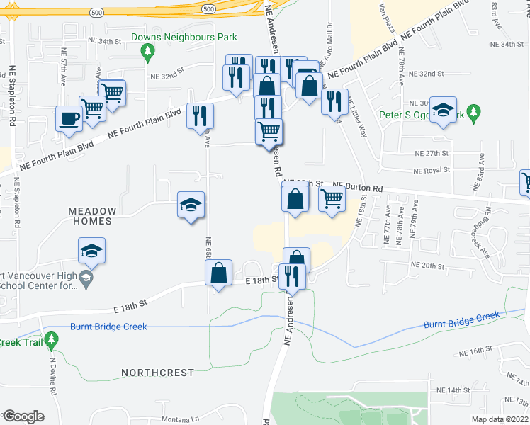 map of restaurants, bars, coffee shops, grocery stores, and more near 2306 Northeast Andresen Road in Vancouver