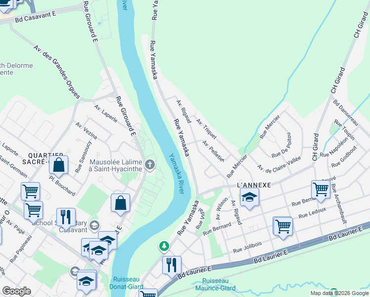 map of restaurants, bars, coffee shops, grocery stores, and more near 11975 Rue Yamaska in Saint-Hyacinthe