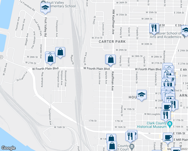 map of restaurants, bars, coffee shops, grocery stores, and more near 1215 West 25th Street in Vancouver