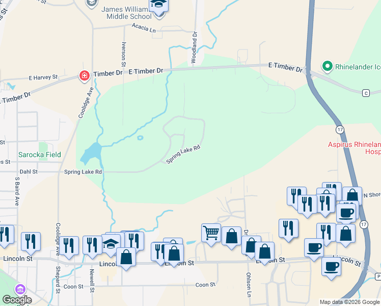map of restaurants, bars, coffee shops, grocery stores, and more near 431 Spring Lake Road in Rhinelander