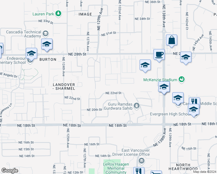 map of restaurants, bars, coffee shops, grocery stores, and more near 12912 Northeast 22nd Street in Vancouver