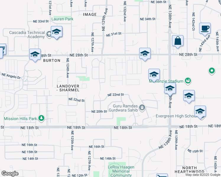 map of restaurants, bars, coffee shops, grocery stores, and more near 12912 Northeast 22nd Street in Vancouver