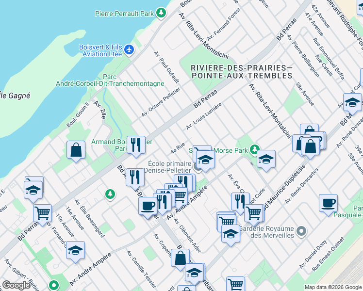 map of restaurants, bars, coffee shops, grocery stores, and more near 12350 27e Avenue in Montréal