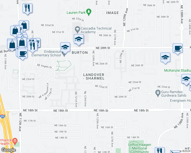 map of restaurants, bars, coffee shops, grocery stores, and more near 2311 Northeast 124th Avenue in Vancouver