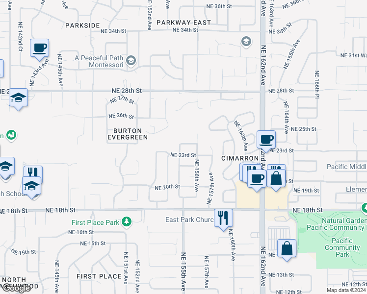 map of restaurants, bars, coffee shops, grocery stores, and more near 15505 Northeast 24th Street in Vancouver