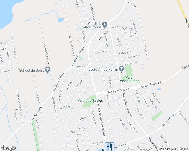 map of restaurants, bars, coffee shops, grocery stores, and more near 6591 Boulevard des Laurentides in Laval