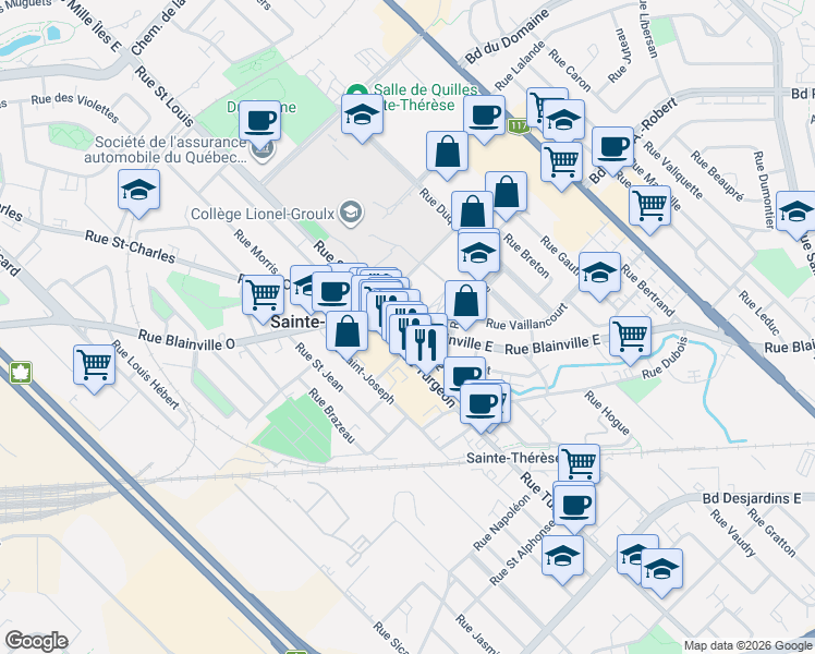 map of restaurants, bars, coffee shops, grocery stores, and more near 6 Rue Blainville Est in Sainte-Thérèse