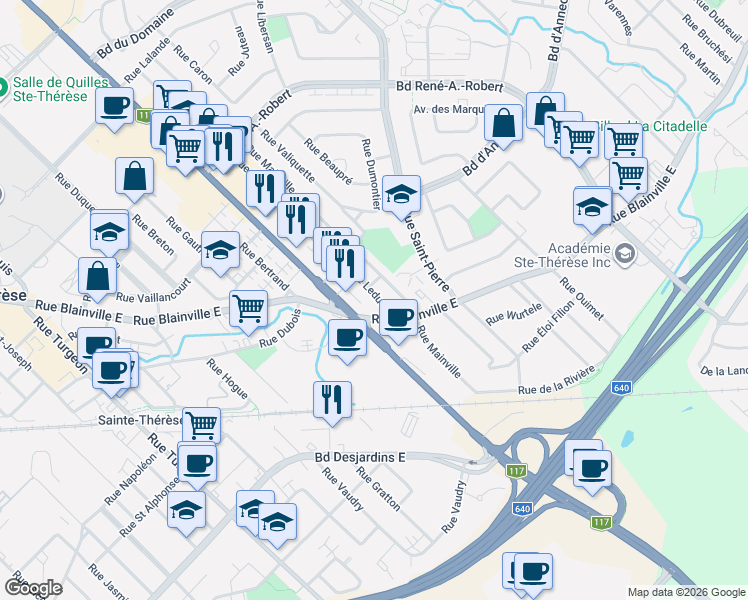 map of restaurants, bars, coffee shops, grocery stores, and more near 59 Rue Leduc in Sainte-Thérèse