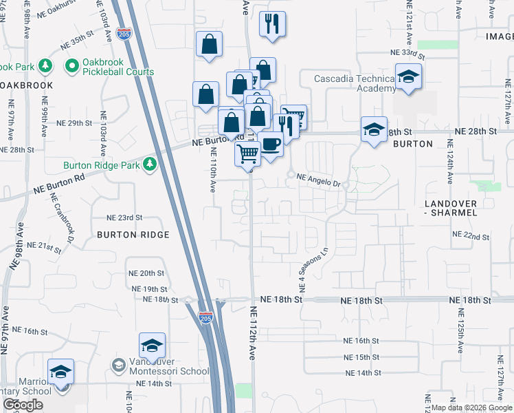 map of restaurants, bars, coffee shops, grocery stores, and more near 2301 Northeast 112th Avenue in Vancouver