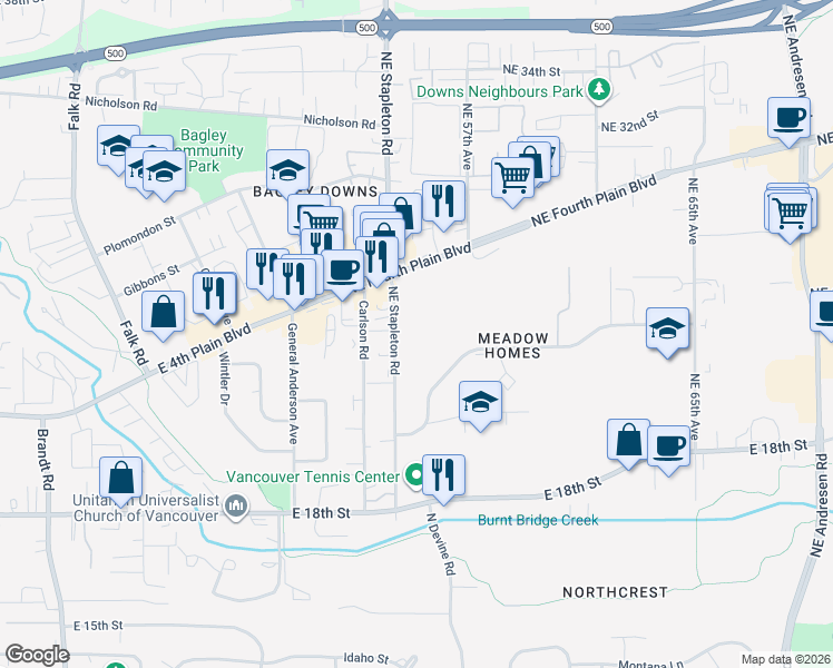 map of restaurants, bars, coffee shops, grocery stores, and more near 2501 Northeast Stapleton Road in Vancouver