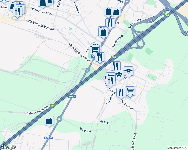 map of restaurants, bars, coffee shops, grocery stores, and more near Autostrada Serenissima in Brescia