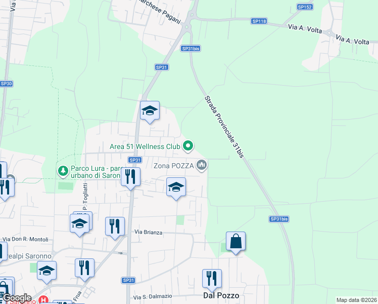 map of restaurants, bars, coffee shops, grocery stores, and more near in Saronno