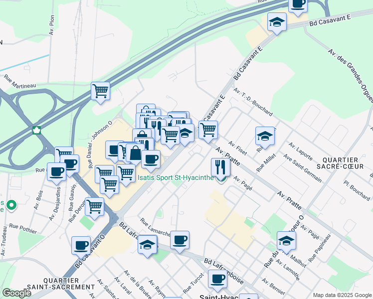 map of restaurants, bars, coffee shops, grocery stores, and more near 625 Boulevard Casavant Ouest in Saint-Hyacinthe
