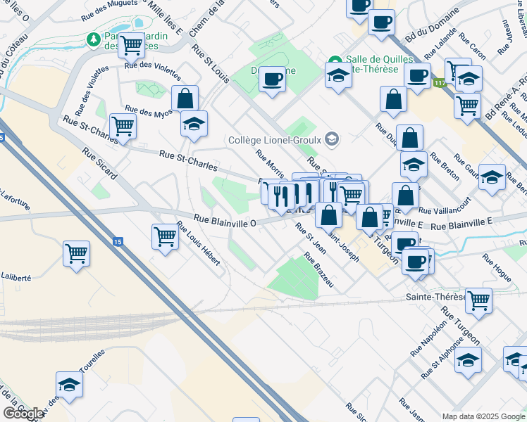 map of restaurants, bars, coffee shops, grocery stores, and more near 5 Rue Deschambault in Sainte-Thérèse