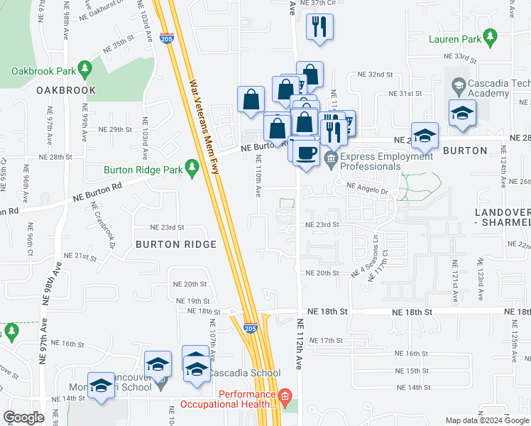 map of restaurants, bars, coffee shops, grocery stores, and more near 2215 Northeast 109th Court in Vancouver