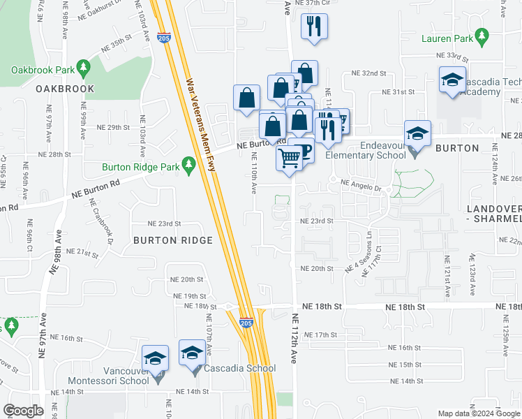 map of restaurants, bars, coffee shops, grocery stores, and more near 2215 Northeast 109th Court in Vancouver