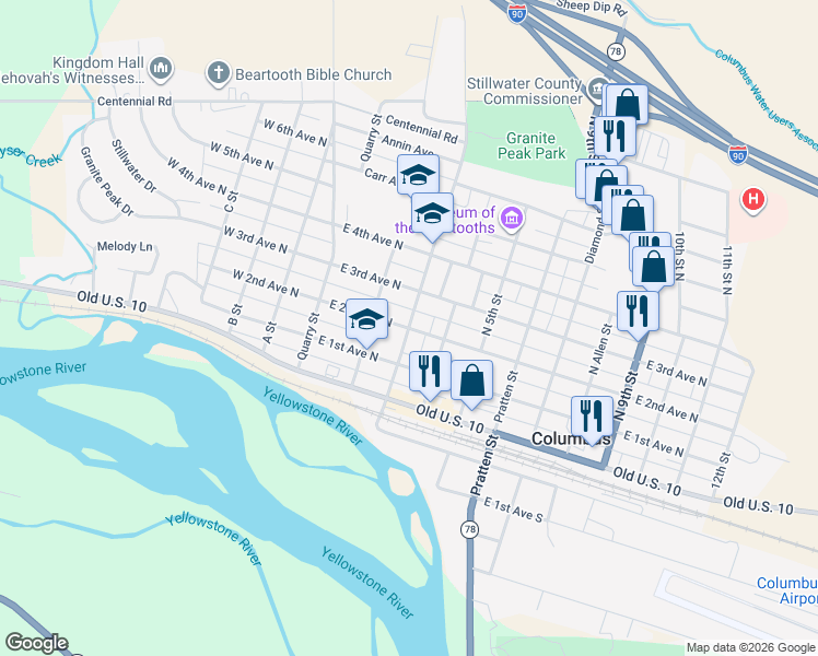map of restaurants, bars, coffee shops, grocery stores, and more near 201 North 3rd Street in Columbus