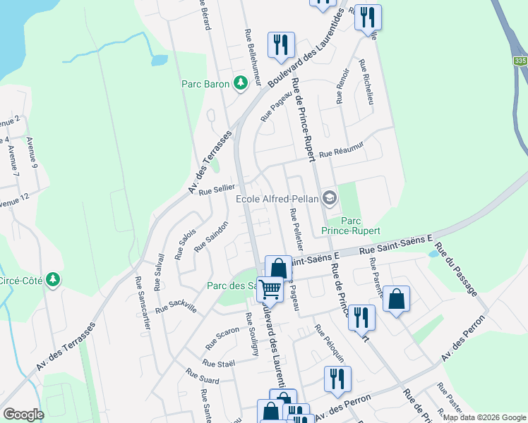 map of restaurants, bars, coffee shops, grocery stores, and more near 6605 Boulevard des Laurentides in Laval
