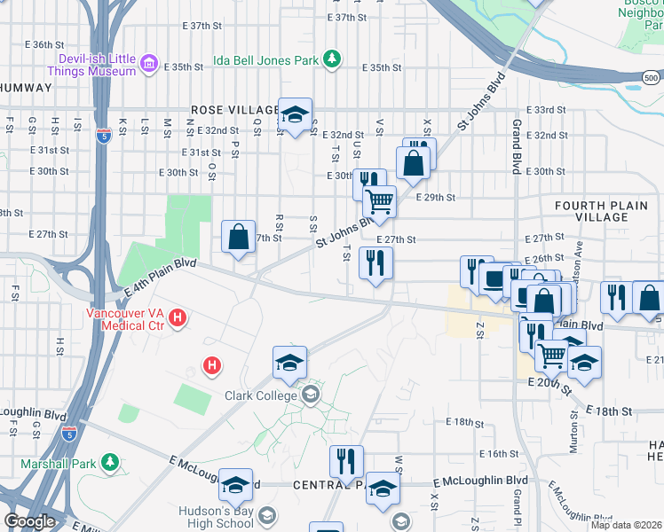 map of restaurants, bars, coffee shops, grocery stores, and more near 2600 T Street in Vancouver