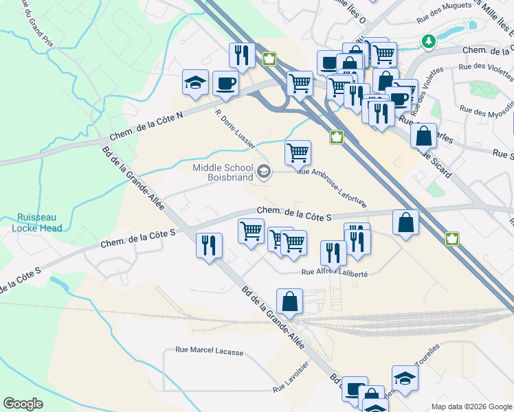 map of restaurants, bars, coffee shops, grocery stores, and more near 114 Chemin de la Côte Sud in Boisbriand