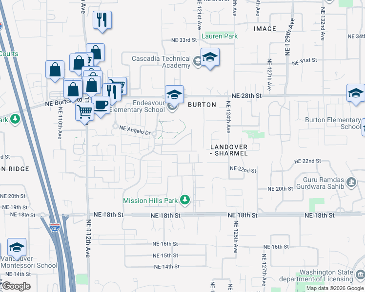 map of restaurants, bars, coffee shops, grocery stores, and more near 2401 Northeast 4 Seasons Lane in Vancouver