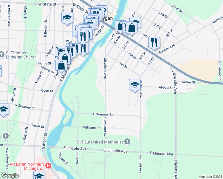 map of restaurants, bars, coffee shops, grocery stores, and more near 417 Cleveland Ave in Cheboygan