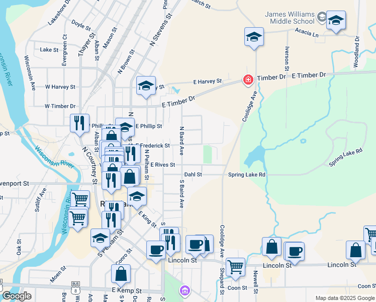 map of restaurants, bars, coffee shops, grocery stores, and more near 321 East Frederick Street in Rhinelander