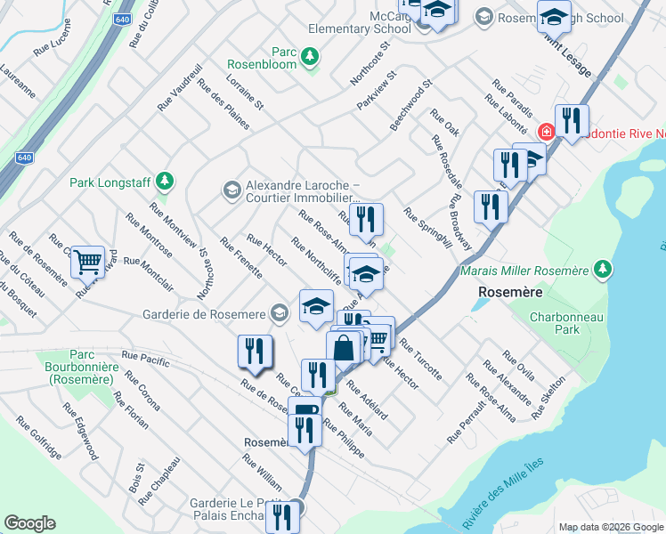 map of restaurants, bars, coffee shops, grocery stores, and more near 244 Rue Northcliffe in Rosemère