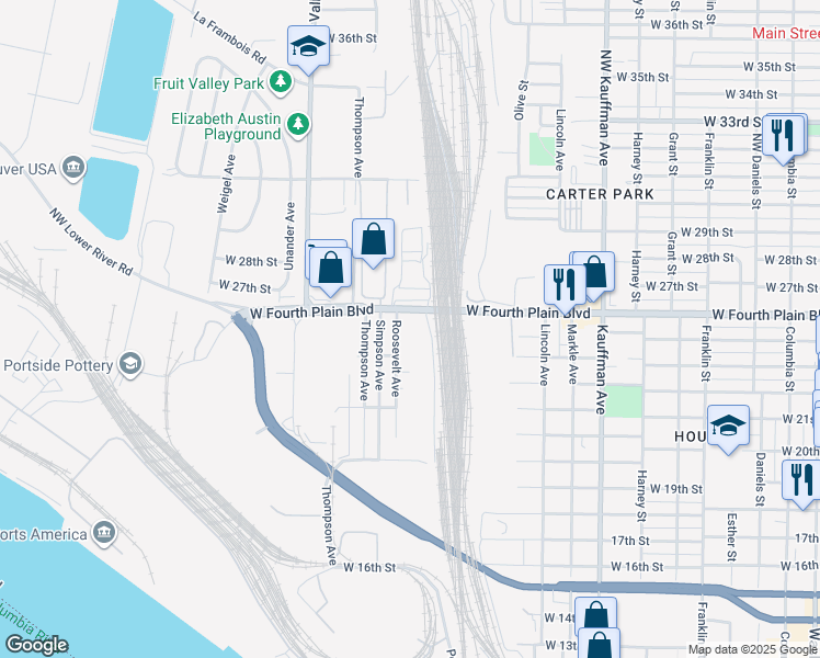 map of restaurants, bars, coffee shops, grocery stores, and more near 1700 West Fourth Plain Boulevard in Vancouver