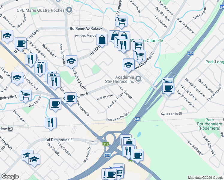 map of restaurants, bars, coffee shops, grocery stores, and more near 8 Rue Lapointe in Sainte-Thérèse
