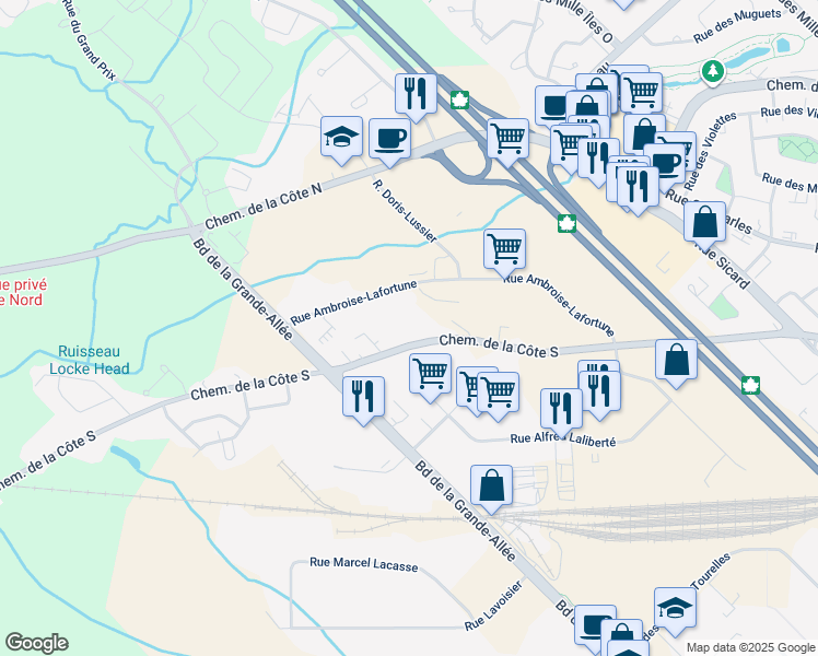 map of restaurants, bars, coffee shops, grocery stores, and more near 120 Chemin de la Côte Sud in Blainville