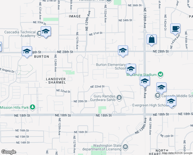 map of restaurants, bars, coffee shops, grocery stores, and more near 13108 Northeast 25th Street in Vancouver