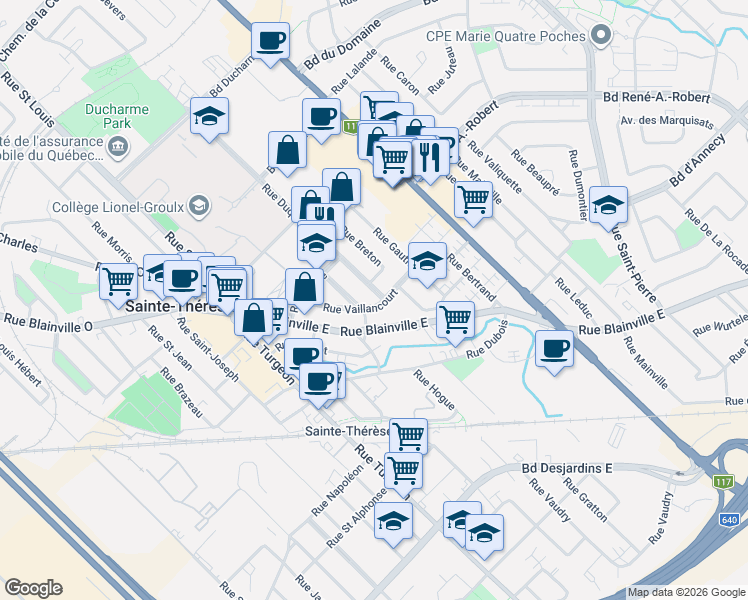 map of restaurants, bars, coffee shops, grocery stores, and more near 28 Rue Duquet in Sainte-Thérèse