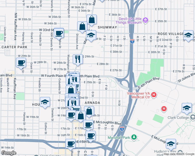 map of restaurants, bars, coffee shops, grocery stores, and more near 413 East 4th Plain Boulevard in Vancouver