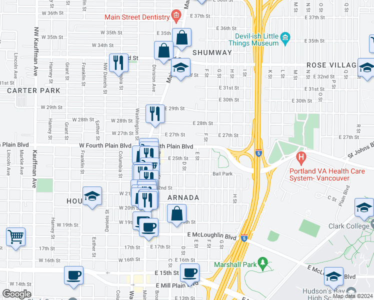 map of restaurants, bars, coffee shops, grocery stores, and more near 2511 D Street in Vancouver