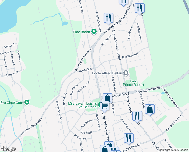 map of restaurants, bars, coffee shops, grocery stores, and more near 6740 Boulevard des Laurentides Nord in Laval