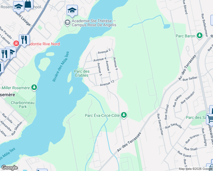 map of restaurants, bars, coffee shops, grocery stores, and more near 364 12e Av in Laval