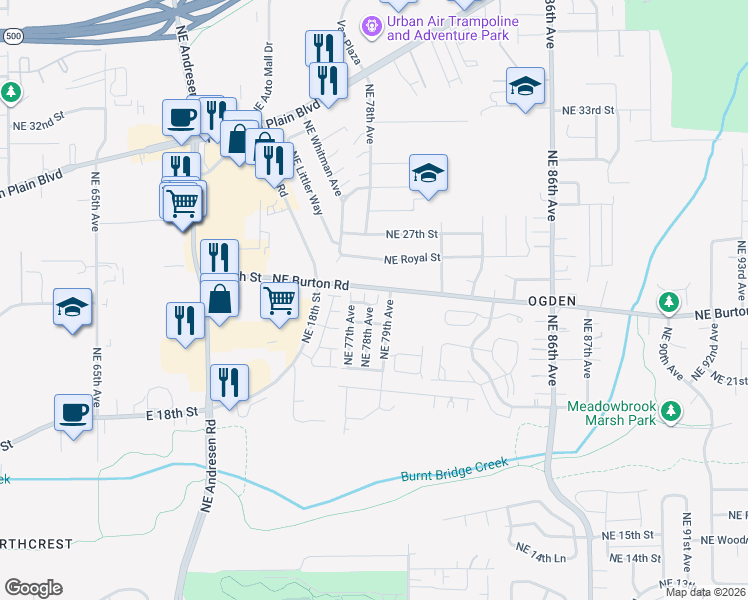 map of restaurants, bars, coffee shops, grocery stores, and more near 2416 Northeast 79th Court in Vancouver