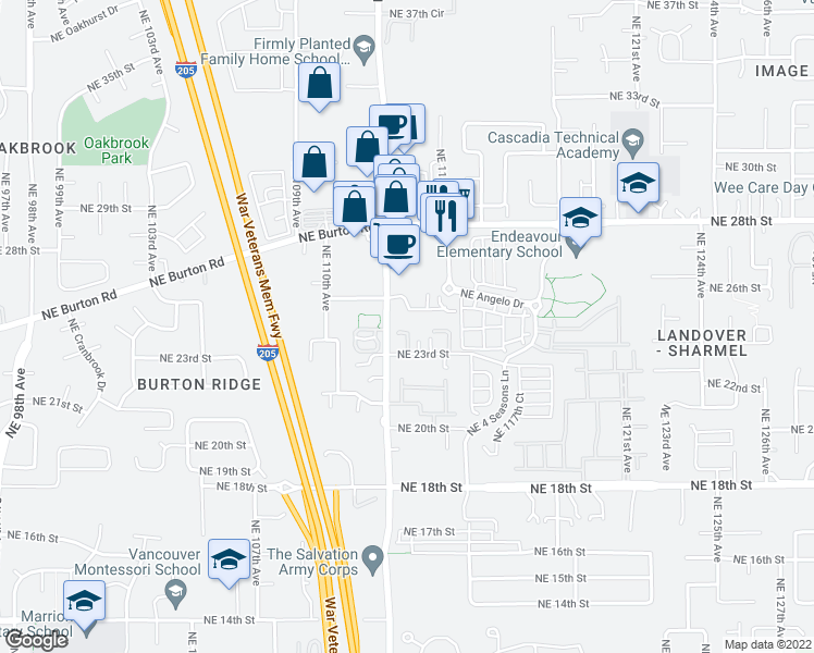 map of restaurants, bars, coffee shops, grocery stores, and more near 2417 Northeast 113th Court in Vancouver