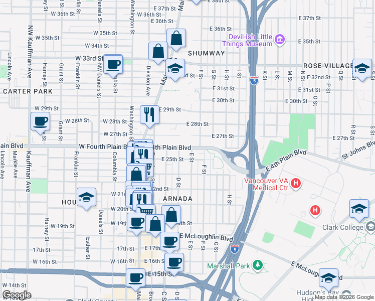 map of restaurants, bars, coffee shops, grocery stores, and more near 413 East 4th Plain Boulevard in Vancouver